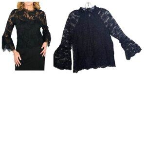 Adiva NEW Lace Bell Sleeve Mock Neck Lined Fairy Goth Blouse Top sheer Smocked L